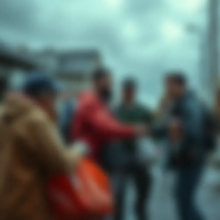 Community members helping each other People in a community coming together to assist during a crisis, showing teamwork and support.