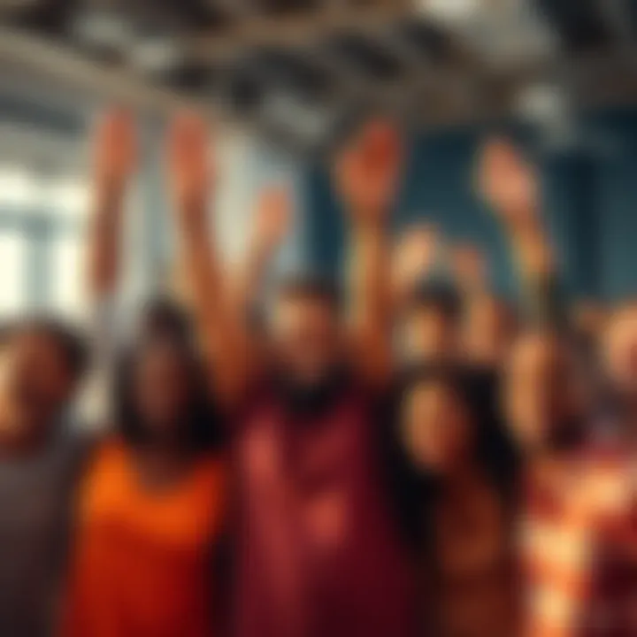 A group of diverse people celebrating together, showing excitement and engagement after returning to action.