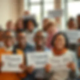 A group of diverse people smiling and holding thank you signs, celebrating contributions to their community.