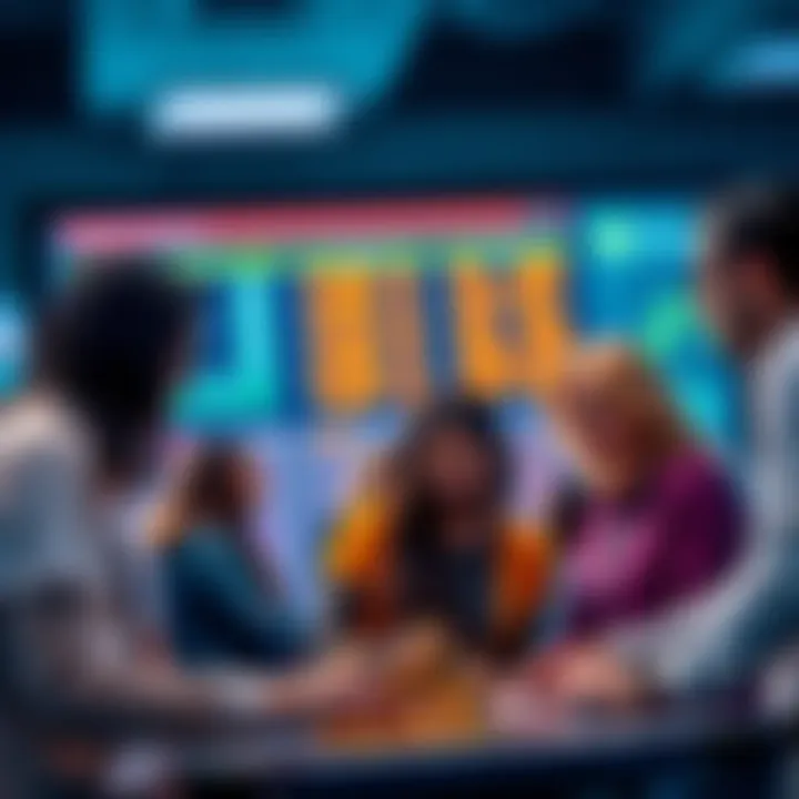 A group of people collaborating in front of a digital auction screen, using bid tokens to support community goals.