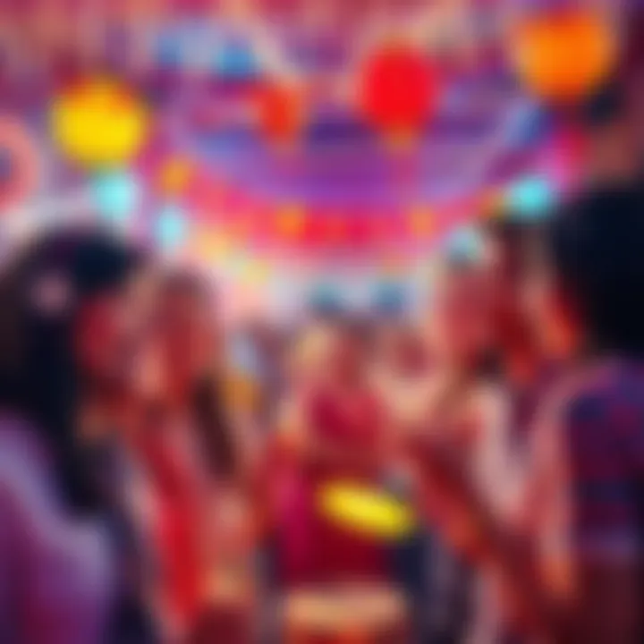 A lively community gathering with people smiling and enjoying festivities, surrounded by colorful decorations and joyful atmosphere.