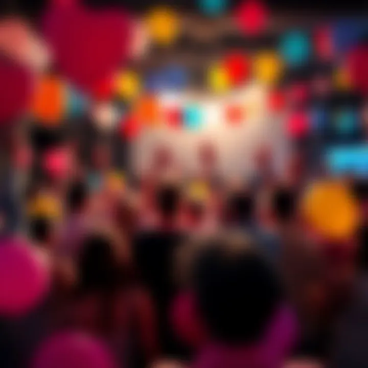 People gathered together celebrating two years of impactful discussions with balloons and banners.
