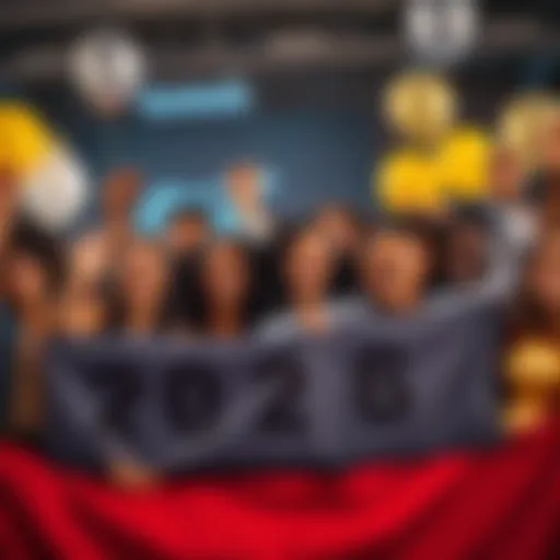 A diverse group of people smiling and celebrating together, holding balloons and banners. They express joy despite tough times, showcasing unity and positivity.