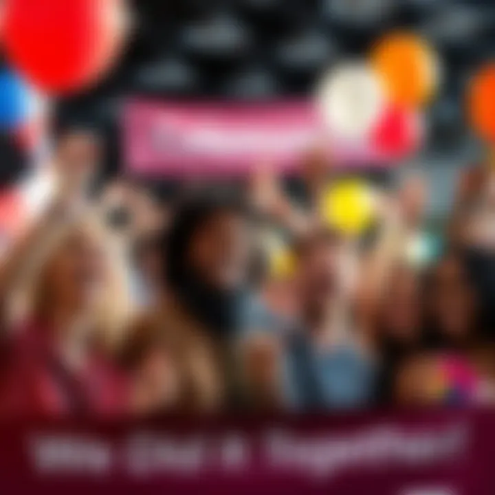 A diverse group of people smiling and cheering at a community event, holding banners and balloons, celebrating their achievement together.