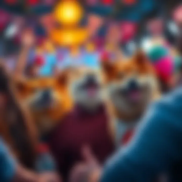 A group of people joyfully celebrating the Doge lifestyle with themed decorations and banners, representing unity and excitement in the community.