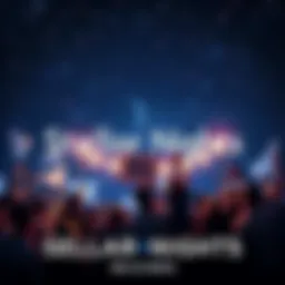 People gathering under a starry night sky, celebrating the completion of the Stellar Nights project, holding banners and lights.