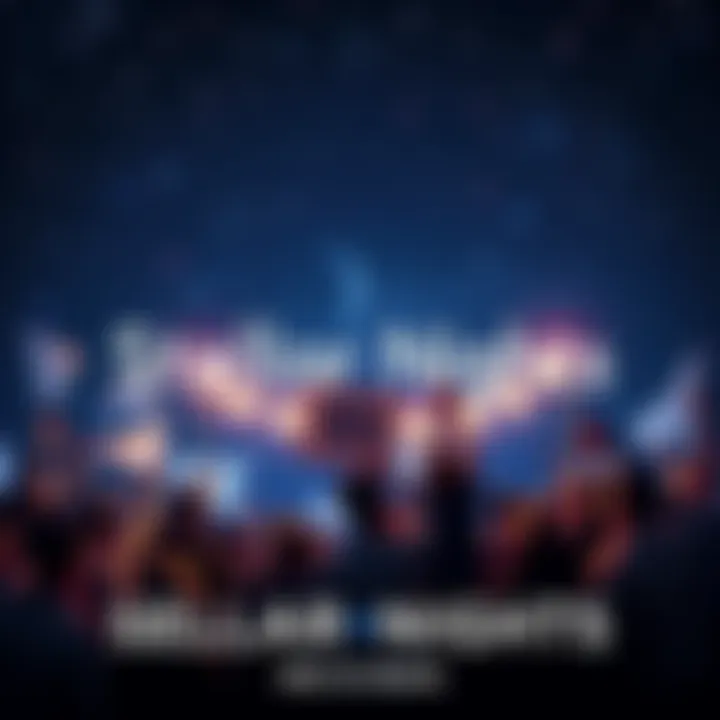 People gathering under a starry night sky, celebrating the completion of the Stellar Nights project, holding banners and lights.