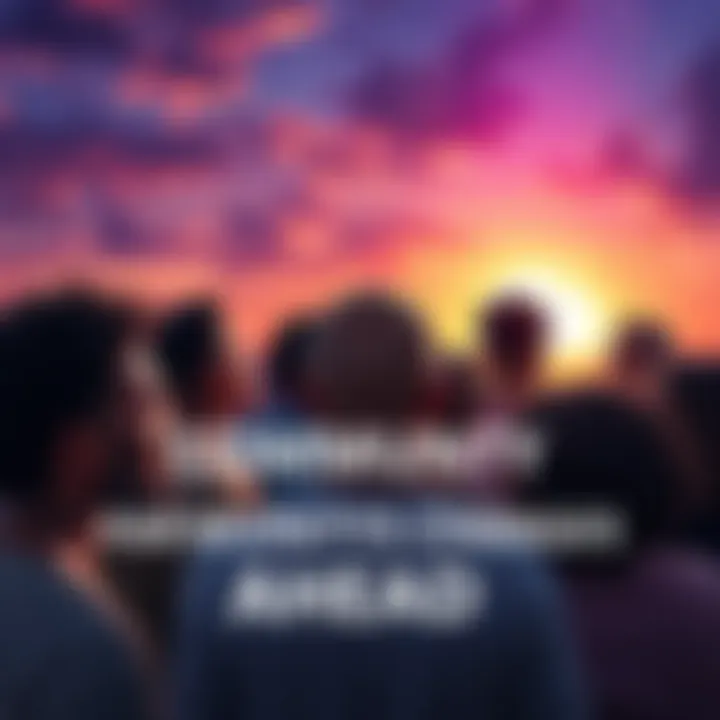 Community Changes Ahead A group of diverse people looking towards a bright horizon symbolizing future changes in the community.