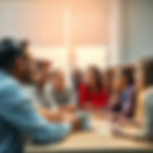 A diverse group of people discussing and collaborating in a community meeting, showing commitment and teamwork.