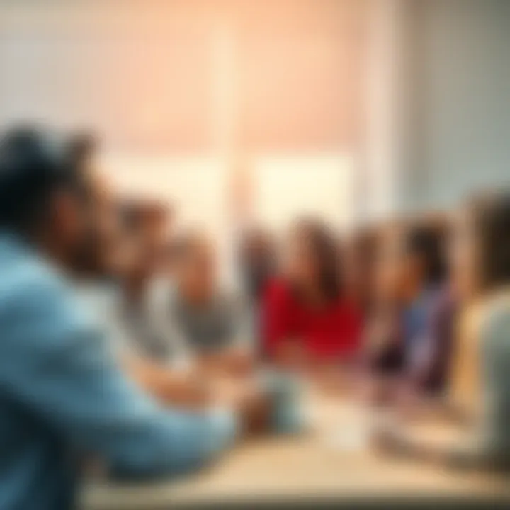 A diverse group of people discussing and collaborating in a community meeting, showing commitment and teamwork.