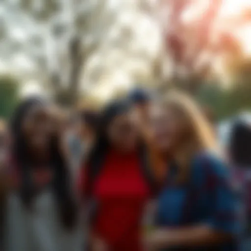 A group of people smiling and connecting at a community event in a park.