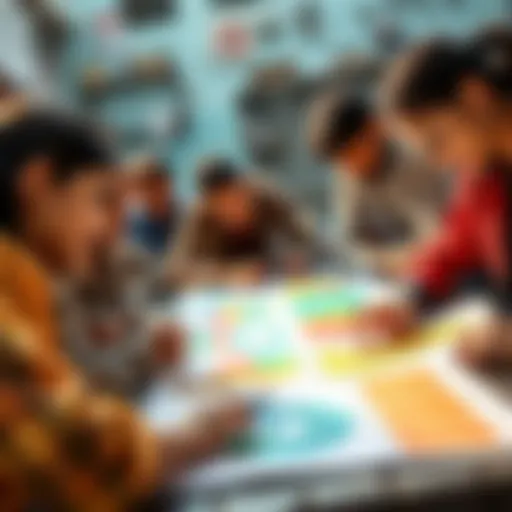 A diverse group of people collaborating on a project, with colorful charts and tools spread out, representing innovative initiatives in India.