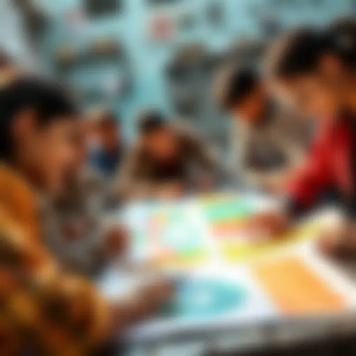 Community Innovation in India A diverse group of people collaborating on a project, with colorful charts and tools spread out, representing innovative initiatives in India.