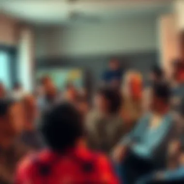 A diverse group of people gathered in a community center discussing current challenges and solutions, with expressions of concern and determination.