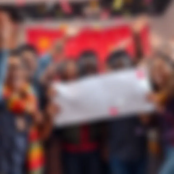 A diverse group of people celebrating together with smiles, symbolizing progress in the migration process, with banners and confetti around them