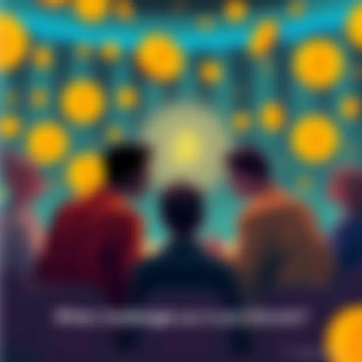 A group of people discussing their learning challenges with Bitcoin, surrounded by digital currency symbols.