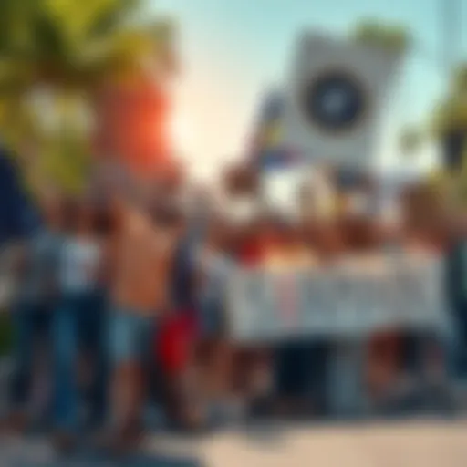 A diverse group of enthusiastic people holding signs and banners, showing support for reaching the $1 mark this summer.