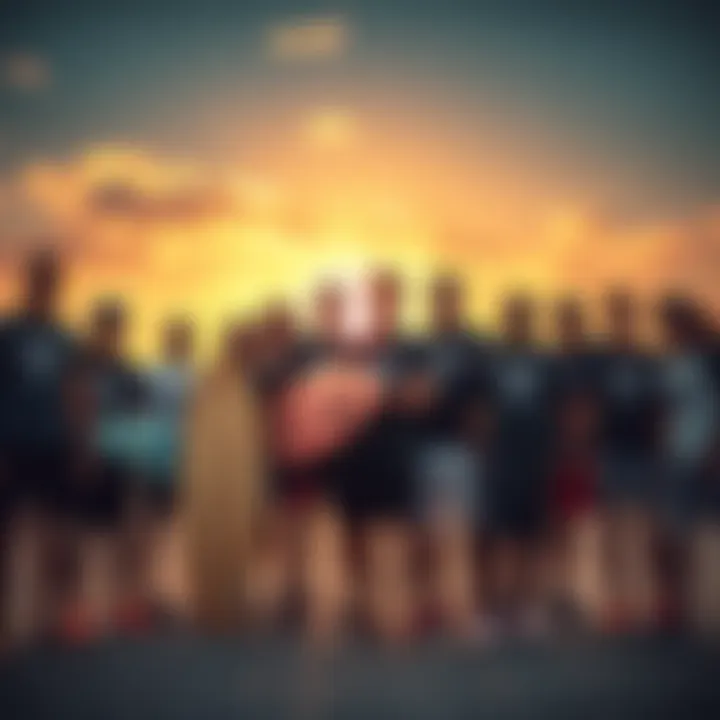 Community Sports Sponsorship A group of athletes in different sports like surfing, skateboarding, and gymnastics gathered together, showcasing unity and support from Kendu Unleashed.