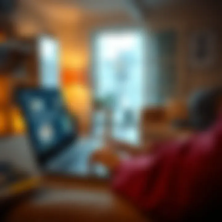 A person typing a message on a laptop in a cozy room, reaching out for help in online forums