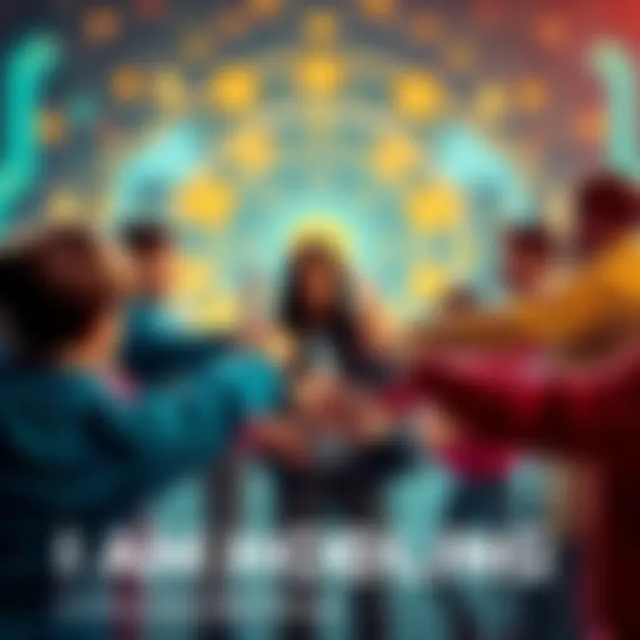 A group of people holding hands in a circle, symbolizing unity and support in the crypto community, with digital currencies icons in the background.