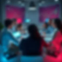 A group of people discussing DeFi investing strategies around a table, with charts and laptops open, showcasing teamwork and collaboration.