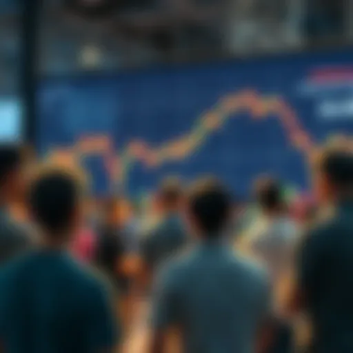 A group of people gathered at a community event discussing cryptocurrency while a chart showing declining prices is visible in the background.