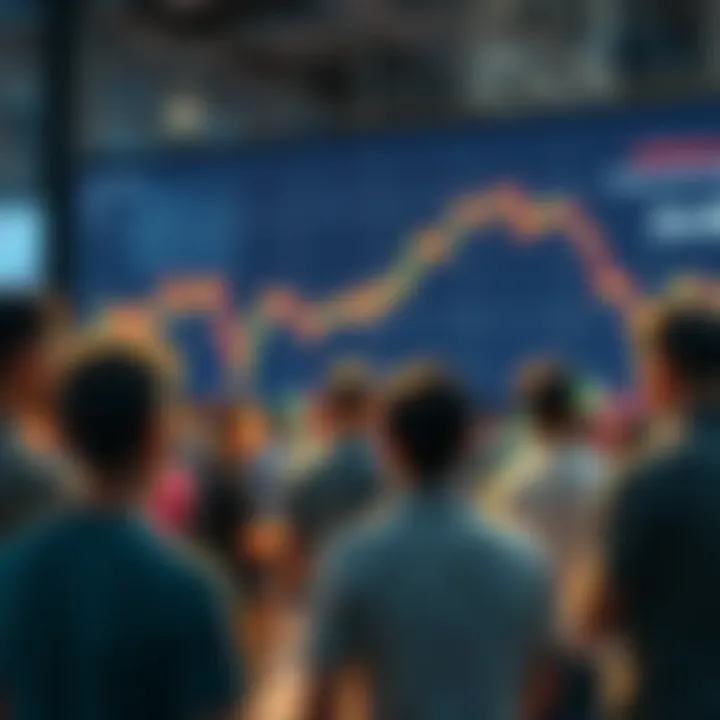 A group of people gathered at a community event discussing cryptocurrency while a chart showing declining prices is visible in the background.