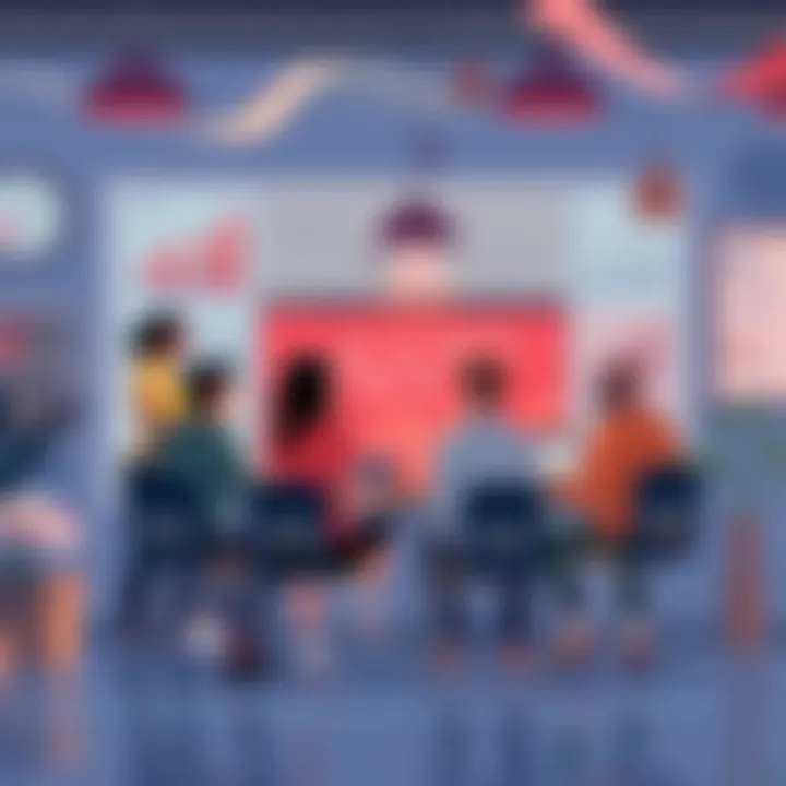 Illustration of a group of people discussing recent changes and updates in a community setting, with charts and news articles in the background.