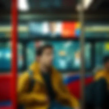 A commuter looking surprised while sitting on a bus with inappropriate ads above them
