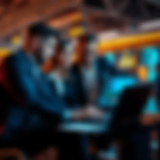 A business team discussing data protection strategies with a laptop showing security software on the screen.
