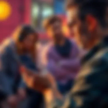 A person looking at their phone showing Bitcoin stats, with friends in the background discussing cryptocurrencies.