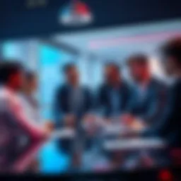 A group of business competitors engaged in a discussion, with one group appearing to plan a strategy against a major industry player.