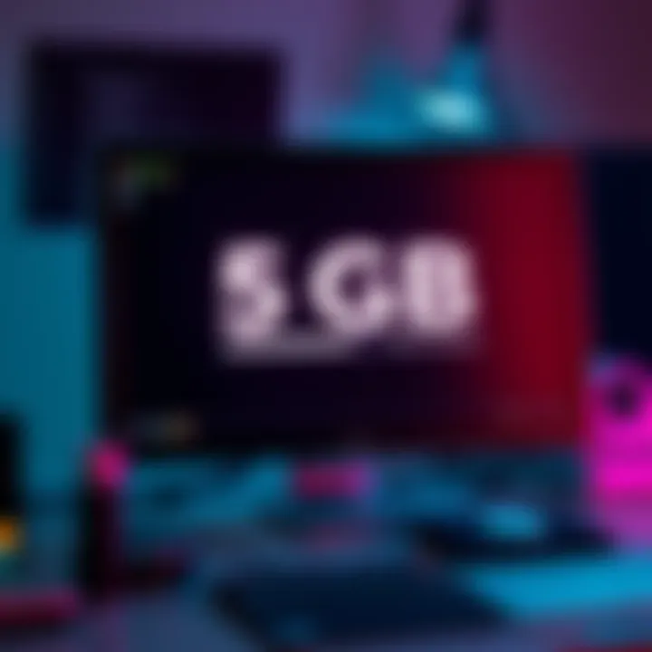 A computer screen displaying a progress bar indicating 5GB software installation. Surrounding details include system folders and a loading icon.