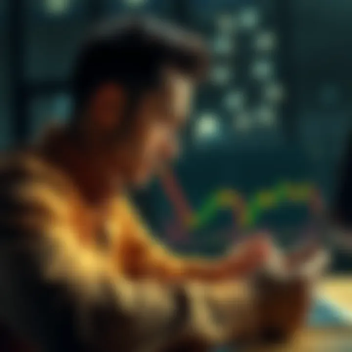 Concerned person looking at Bitcoin chart A worried person analyzing a Bitcoin price chart on a laptop, reflecting concerns about investing in cryptocurrency due to financial habits.