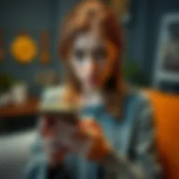 A worried woman looking at her phone with a puzzled expression, contemplating her Bitcoin investment and fees, in a casual home setting.