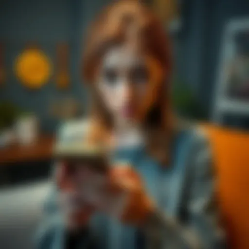 A worried woman looking at her phone with a puzzled expression, contemplating her Bitcoin investment and fees, in a casual home setting.