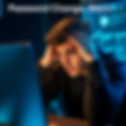 A worried person looking at their computer screen, concerned about a possible hacking attempt on Coinbase. They hold their head in their hands, showing stress over their password change situation.