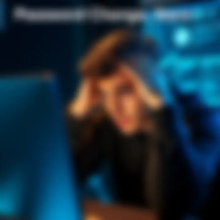 A worried person looking at their computer screen, concerned about a possible hacking attempt on Coinbase. They hold their head in their hands, showing stress over their password change situation.