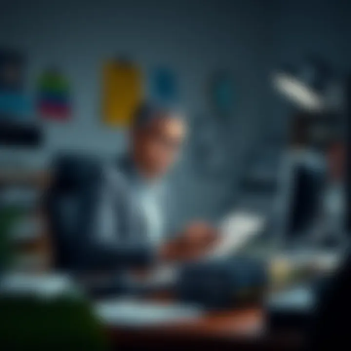 A nervous new hire sitting at a cluttered desk, looking worried as they read an email about their manager's behavior.