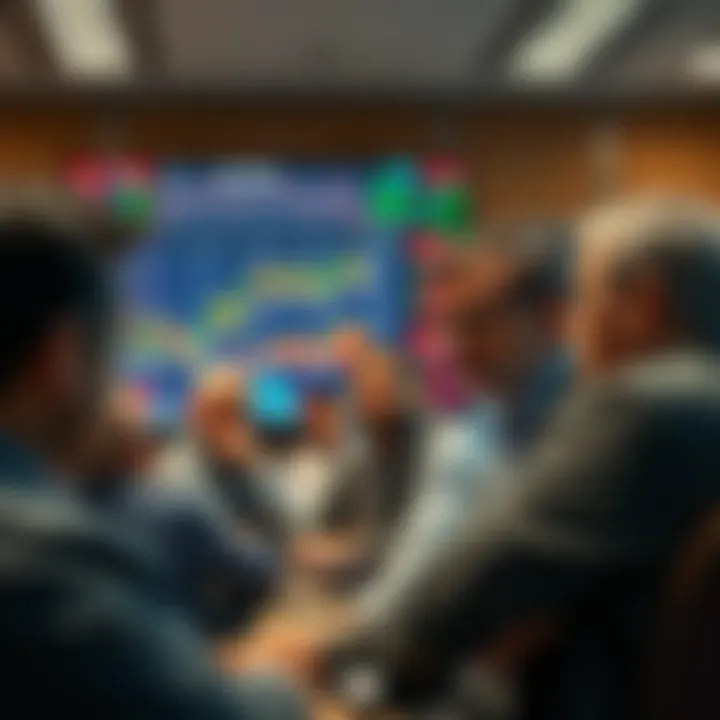 A group of long-term investors discussing in a forum, showing expressions of doubt about the market's future, with charts and graphs on a screen in the background.