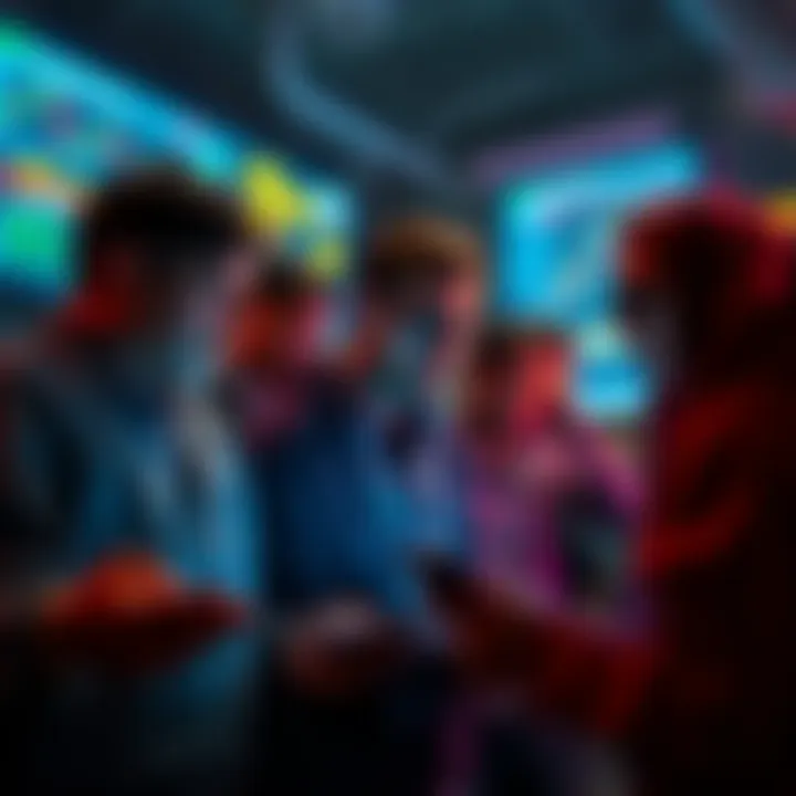 A group of worried investors looking at graphs and charts on their devices, discussing memecoin risks and scams.
