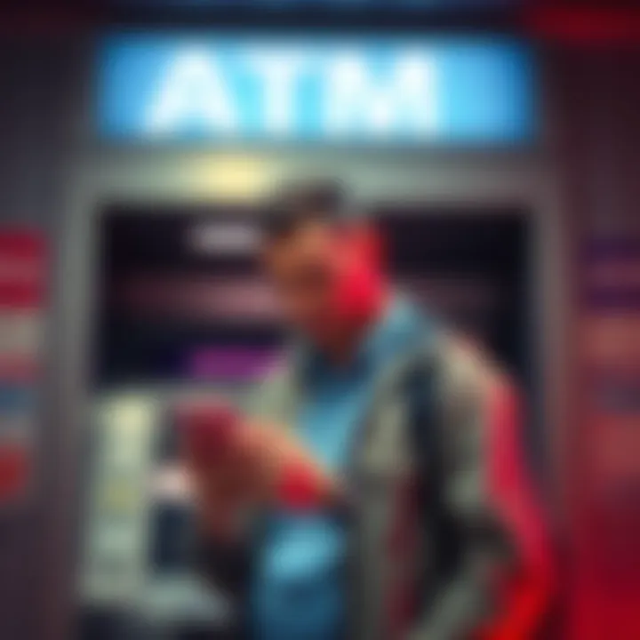 A worried man stands in front of an ATM, looking at his phone with a frown, as he faces the challenge of retrieving his withdrawn funds.