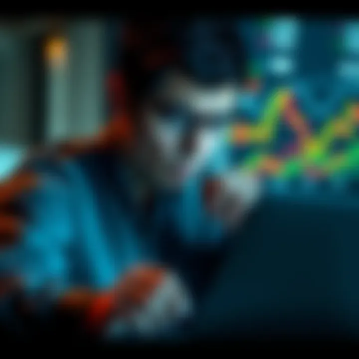 A worried individual checking payout details on a laptop screen, with finance graphs in the background