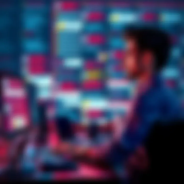 Individual sitting at a desk with a worried expression, staring at a computer screen filled with scam alerts and warnings