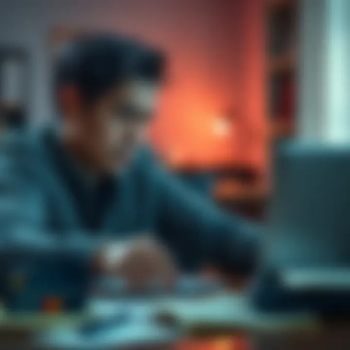 A worried individual looking at a laptop with payment issues on the screen, surrounded by notes and a Revolut card.