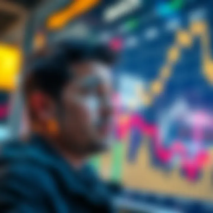 A seller looks worried while thinking about their choice to sell tokens, with a backdrop showing declining market trends.