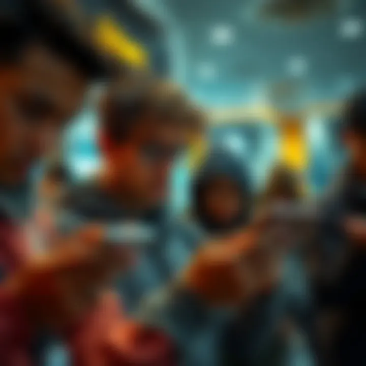 Group of frustrated people looking at their phones, checking ETH processing times on a financial app