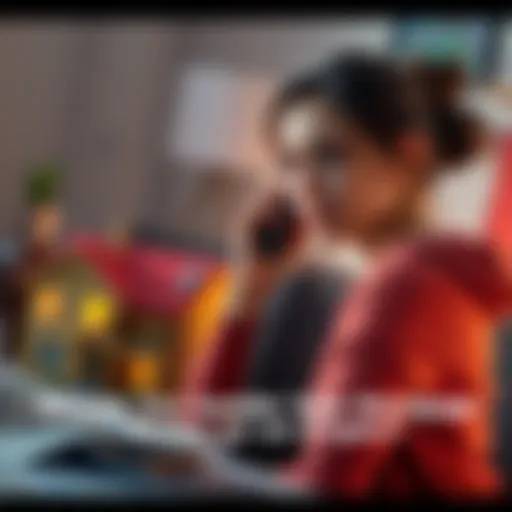 A concerned woman on the phone discussing her husband's risky crypto investment near a house model and bills