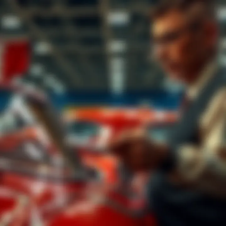 A worried buyer examines a car during an auction, looking at inspection reports and listings, while an auctioneer oversees the event.