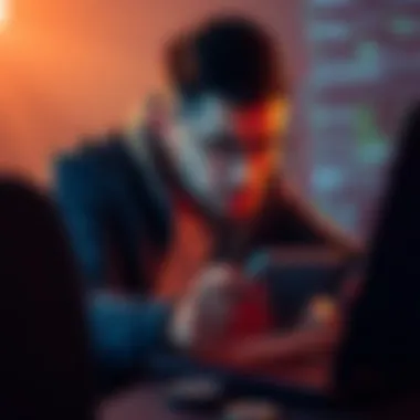 A worried developer analyzing app codes on a laptop, highlighting security issues.